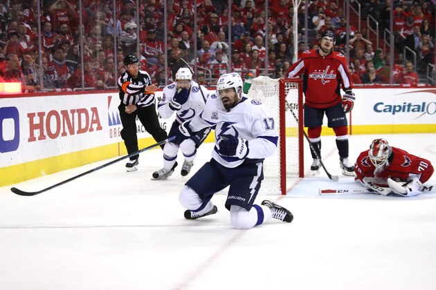 WASHINGTON, DC - MAY 17:  Alex Killorn #17 of the Tampa Bay Lightning celebrates after scoring a goal on Braden Holtby #70 of the Washington Capitals during the third period in Game Four of the Eastern Conference Finals during the 2018 NHL Stanley Cup Playoffs at Capital One Arena on May 17, 2018 in Washington, DC.  (Photo by Bruce Bennett/Getty Images)