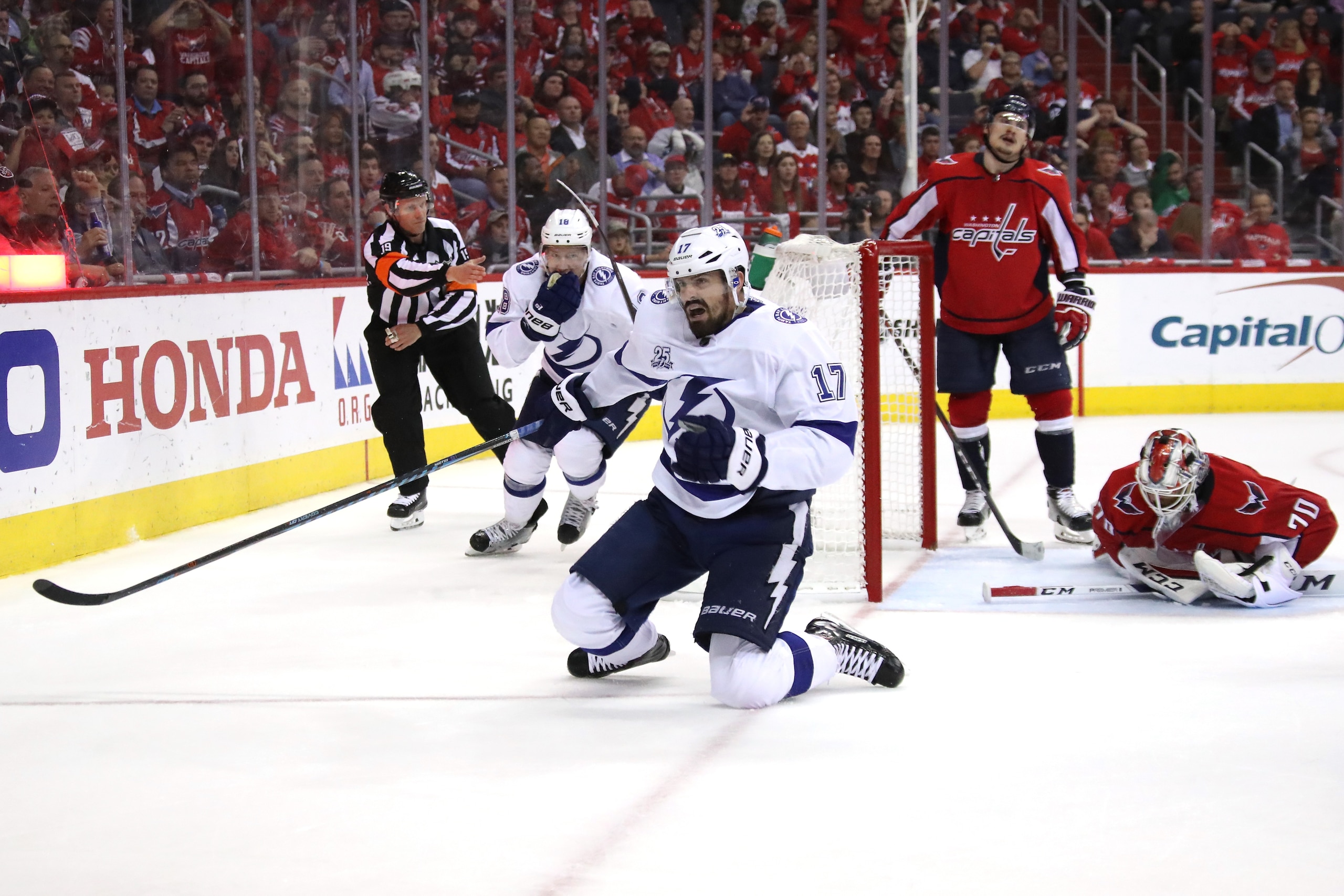 WASHINGTON, DC - MAY 17: Alex Killorn #17 of the Tampa Bay Lightning celebrates after scoring a goal on Braden Holtby #70 of the Washington Capitals during the third period in Game Four of the Eastern Conference Finals during the 2018 NHL Stanley Cup Playoffs at Capital One Arena on May 17, 2018 in Washington, DC. (Photo by Bruce Bennett/Getty Images) WASHINGTON, DC - MAY 17: Alex Killorn #17 of the Tampa Bay Lightning celebrates after scoring a goal on Braden Holtby #70 of the Washington Capitals during the third period in Game Four of the Eastern Conference Finals during the 2018 NHL Stanley Cup Playoffs at Capital One Arena on May 17, 2018 in Washington, DC. (Photo by Bruce Bennett/Getty Images)