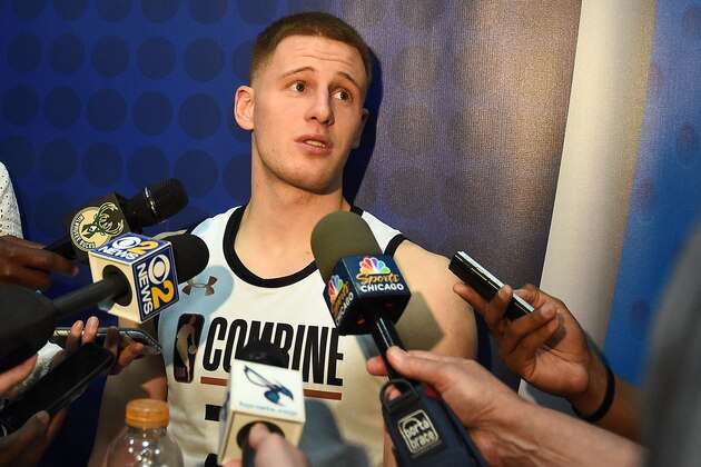 CHICAGO, IL - MAY 17:  Donte DiVincenzo #23 speaks with reporters during Day One of the NBA Draft Combine at Quest MultiSport Complex on May 17, 2018 in Chicago, Illinois.  NOTE TO USER: User expressly acknowledges and agrees that, by downloading and or using this photograph, User is consenting to the terms and conditions of the Getty Images License Agreement.  (Photo by Stacy Revere/Getty Images)