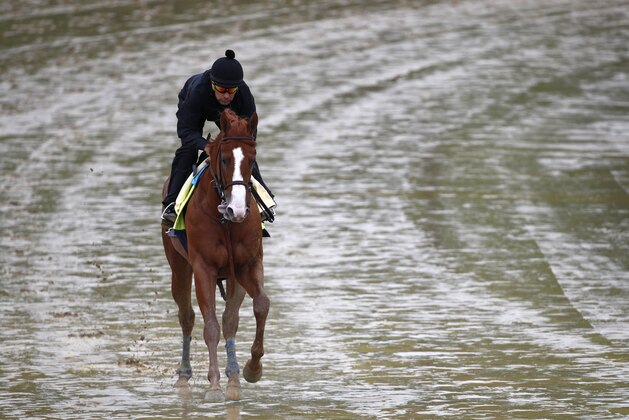 Kentucky Derby winner Justify, with exercise rider Humberto Gomez aboard, gallops around the track, Thursday, May 17, 2018, at Pimlico Race Course in Baltimore. The Preakness Stakes horse race is scheduled to take place Saturday, May 19. (AP Photo/Patrick Semansky)