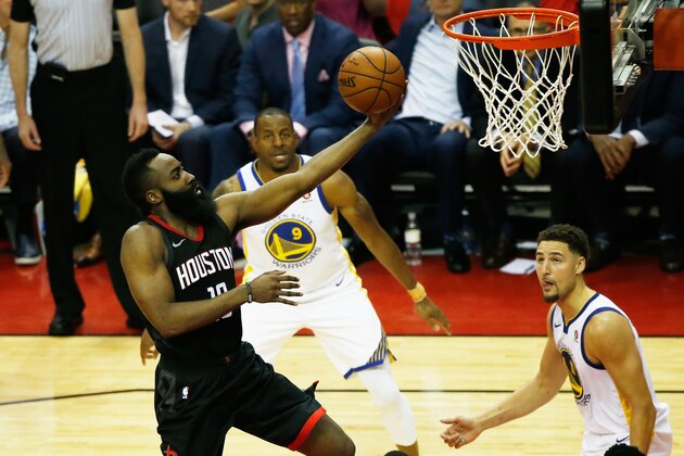 HOUSTON, TX - MAY 16:  James Harden #13 of the Houston Rockets shoots against the Golden State Warriors in the second half of Game Two of the Western Conference Finals of the 2018 NBA Playoffs at Toyota Center on May 16, 2018 in Houston, Texas.  (Photo by Tim Warner/Getty Images)