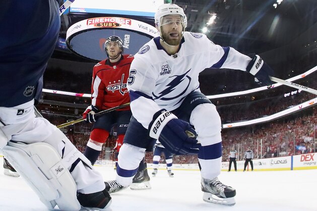 WASHINGTON, DC - MAY 17: Dan Girardi #5 of the Tampa Bay Lightning defends the net against the Tampa Bay Lightning in Game Four of the Eastern Conference Finals during the 2018 NHL Stanley Cup Playoffs at the Capital One Arena on May 17, 2018 in Washington, DC.  The Lightning defeated the Capitals 4-2. (Photo by Bruce Bennett/Getty Images)