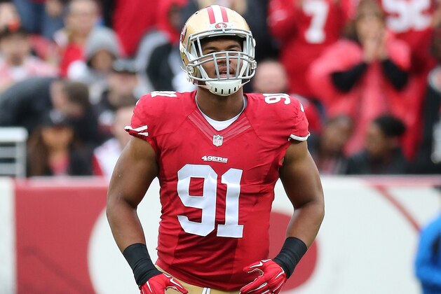 San Francisco 49ers defensive end Arik Armstead #91 during an NFL game against the Atlanta Falcons played at Levi's Stadium on Nov. 8, 2015. (Michael Zito/AP Images for Panini)