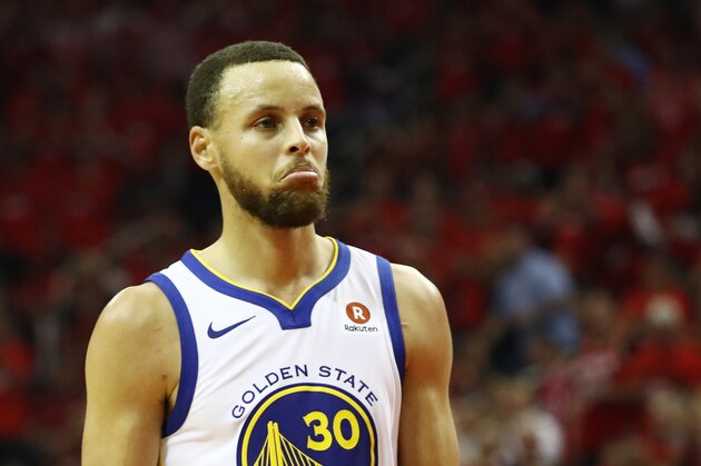 HOUSTON, TX - MAY 16:  Stephen Curry #30 of the Golden State Warriors reacts in the first half against the Houston Rockets of Game Two of the Western Conference Finals of the 2018 NBA Playoffs at Toyota Center on May 16, 2018 in Houston, Texas.  (Photo by Ronald Martinez/Getty Images)