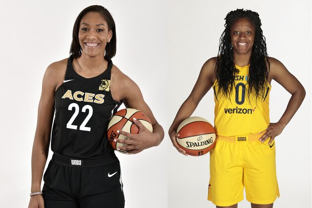 South Carolina's A'ja Wilson, right, poses for a photo with WNBA President Lisa Borders after being selected as the No. 1 overall pick by the Las Vegas Aces in the WNBA basketball draft, Thursday, April 12, 2018, in New York. (AP Photo/Julie Jacobson)
