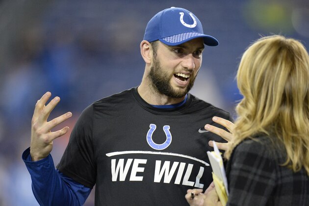Indianapolis Colts quarterback Andrew Luck is interviewed before an NFL football game against the Tennessee Titans, Monday, Oct. 16, 2017, in Nashville, Tenn. (AP Photo/Mark Zaleski)