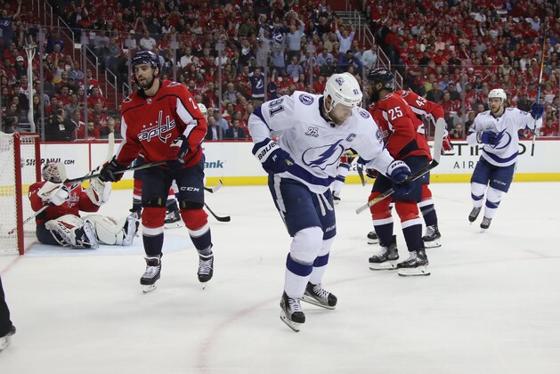 WASHINGTON, DC - MAY 17: Steven Stamkos #91 of the Tampa Bay Lightning celebrates his first period goal against the Washington Capitals in Game Four of the Eastern Conference Finals during the 2018 NHL Stanley Cup Playoffs at the Capital One Arena on May 17, 2018 in Washington, DC. The Lightning defeated the Capitals 4-2.  (Photo by Bruce Bennett/Getty Images)