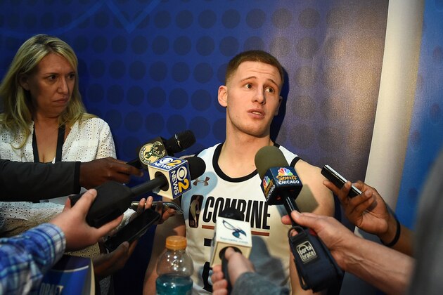CHICAGO, IL - MAY 17:  Donte DiVincenzo #23 speaks with reporters during Day One of the NBA Draft Combine at Quest MultiSport Complex on May 17, 2018 in Chicago, Illinois.  NOTE TO USER: User expressly acknowledges and agrees that, by downloading and or using this photograph, User is consenting to the terms and conditions of the Getty Images License Agreement.  (Photo by Stacy Revere/Getty Images)