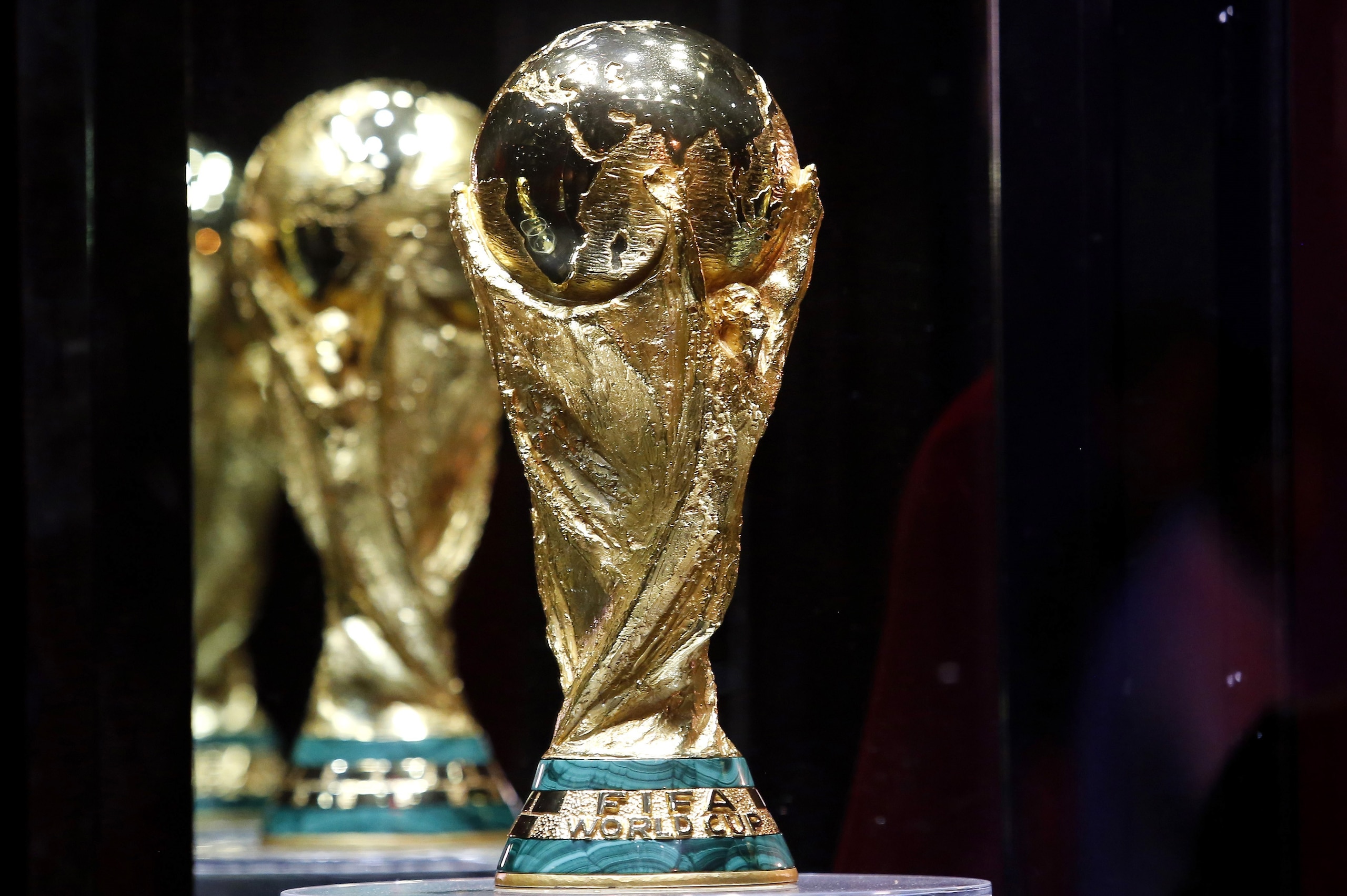 The FIFA World Cup trophy is displayed at the Exhibitor Centre in Guadalajara, Jalisco State, Mexico, on April 10, 2018 as part of the FIFA World Cup trophy tour.
The FIFA World Cup trophy tour touches 91 cities in 51 countries during a three-month period before the start of the World Cup in Russia. / AFP PHOTO / ULISES RUIZ        (Photo credit should read ULISES RUIZ/AFP/Getty Images)