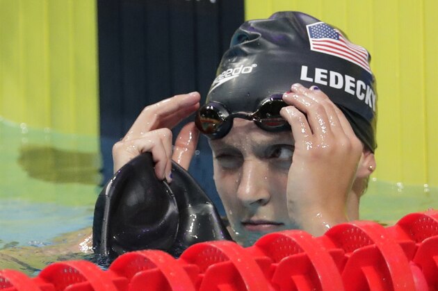 United States' Katie Ledecky checks her time after winning the gold medal in the women's 800-meter freestyle final during the swimming competitions of the World Aquatics Championships in Budapest, Hungary, Saturday, July 29, 2017. (AP Photo/Michael Sohn)