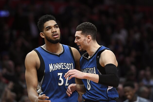 LOS ANGELES, CA - JANUARY 19: Karl-Anthony Towns #32 of the Minnesota Timberwolves celebrates with Zach LaVine #8 of the Minnesota Timberwolves after scoring the go ahead basket against Los Angeles Clippers during the second half of the basketball game at Staples Center January 19 2017, in Los Angeles, California. Timberwolves defeated the Clippers, 104-101. NOTE TO USER: User expressly acknowledges and agrees that, by downloading and or using this photograph, User is consenting to the terms and conditions of the Getty Images License Agreement. (Photo by Kevork Djansezian/Getty Images)
