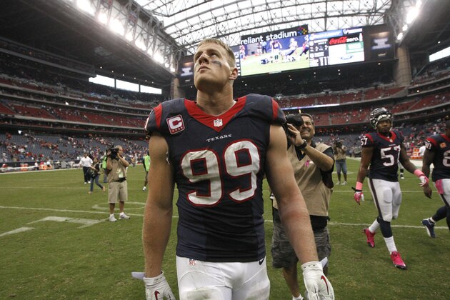 Houston Texans defensive end J.J. Watt leaves the field after an NFL football game against the St. Louis Rams Sunday, Oct. 13, 2013, in Houston, Texas. The Rams won 38-13. (AP Photo/J. Patric Schneider)