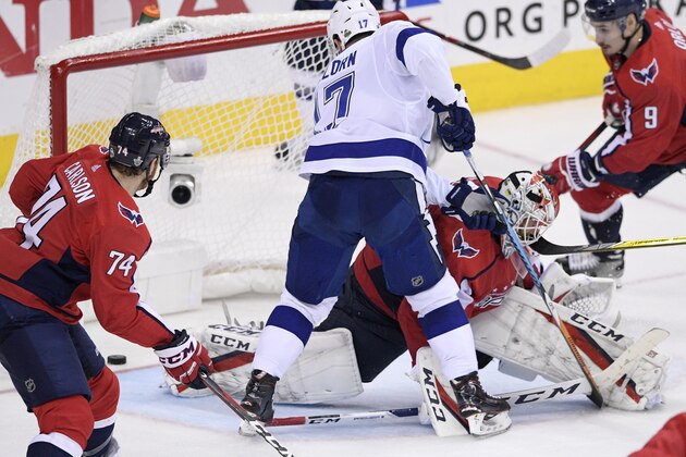 Tampa Bay Lightning left wing Alex Killorn (17) scores a goal past Washington Capitals goaltender Braden Holtby (70), with defensemen John Carlson (74) and Dmitry Orlov (9), of Russia, assisting Holtby during the third period of Game 4 of the NHL hockey Eastern Conference finals Thursday, May 17, 2018, in Washington. The Lightning won 4-2. (AP Photo/Nick Wass)