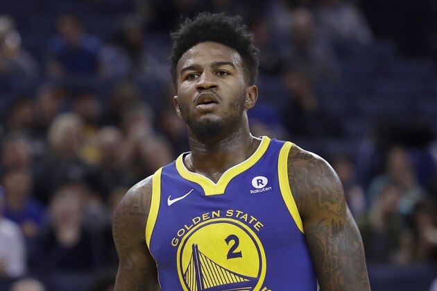 Golden State Warriors forward Jordan Bell (2) during the second half of an NBA basketball game against the Utah Jazz in Oakland, Calif., Sunday, March 25, 2018. (AP Photo/Jeff Chiu)