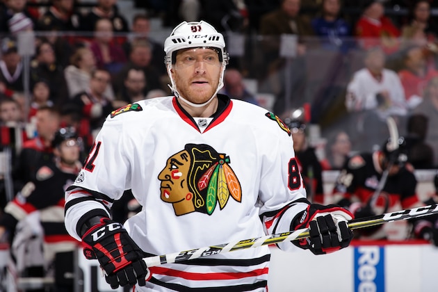 OTTAWA, ON - MARCH 16: Playing in his 1300th career NHL game, Marian Hossa #81of the Chicago Blackhawks looks on against the Ottawa Senators at Canadian Tire Centre on March 16, 2017 in Ottawa, Ontario, Canada.  (Photo by Jana Chytilova/Freestyle Photography/Getty Images) *** Local Caption ***