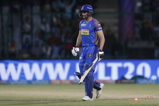 Rajasthan Royals' Jos Buttler walks back after being dismissed during VIVO IPL cricket T20 match against Delhi Daredevils' in New Delhi, India, Wednesday, May 2, 2018. (AP Photo/Altaf Qadri)