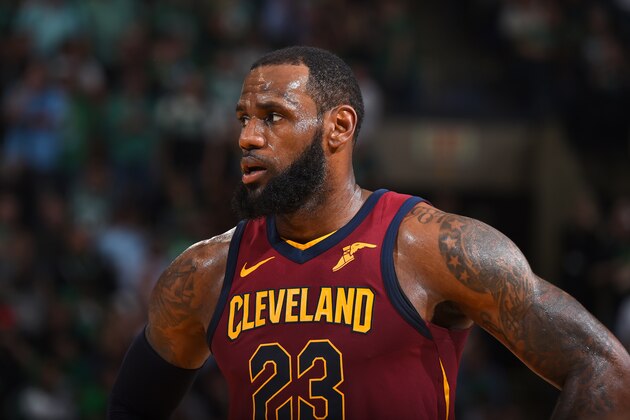 BOSTON, MA - MAY 15: LeBron James #23 of the Cleveland Cavaliers looks on in Game Two of the Eastern Conference Finals against the Boston Celtics during the 2018 NBA Playoffs on May 15, 2018 at the TD Garden in Boston, Massachusetts. NOTE TO USER: User expressly acknowledges and agrees that, by downloading and/or using this photograph, user is consenting to the terms and conditions of the Getty Images License Agreement. Mandatory Copyright Notice: Copyright 2018 NBAE (Photo by Brian Babineau/NBAE via Getty Images)