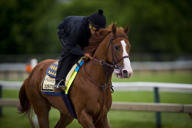 BALTIMORE, MD - MAY 17:  Justify with Humberto Gomez gallops in preparation for the Preakness Stakes at Pimlico Racecourse on May 17, 2018 in Baltimore, Maryland. (Photo by Alex Evers/Eclipse Sportswire/Getty Images)