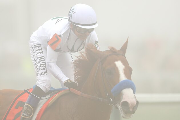BALTIMORE, MD - MAY 19: Justify #7 ridden by jockey Mike Smith wins the 143rd running of the Preakness Stakes at Pimlico Race Course on May 19, 2018 in Baltimore, Maryland. (Photo by Patrick Smith/Getty Images)