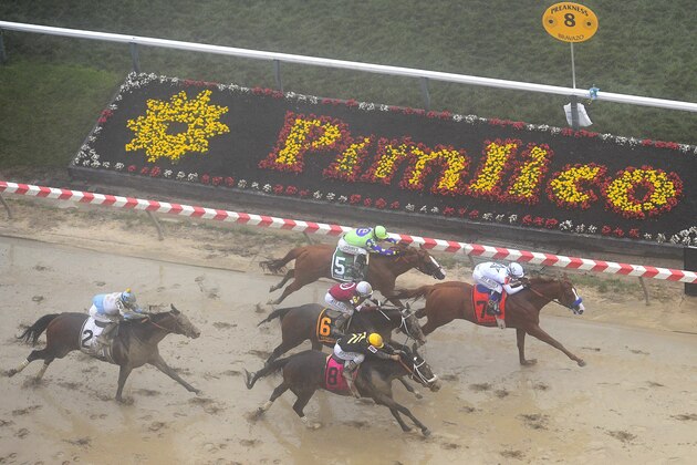 Justify with Mike Smith atop wins the 143rd Preakness Stakes horse race at Pimlico race track, Saturday, May 19, 2018, in Baltimore. Bravazo with Luis Saez aboard (8) wins second with Tenfold with Ricardo Santana Jr. atop (6) places. (AP Photo/Nick Wass)