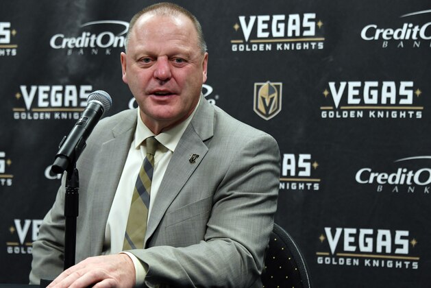 LAS VEGAS, NV - JANUARY 02:  Head coach Gerard Gallant of the Vegas Golden Knights speaks during a postgame news conference after the team defeated the Nashville Predators 3-0 at T-Mobile Arena on January 2, 2018 in Las Vegas, Nevada.  (Photo by Ethan Miller/Getty Images)