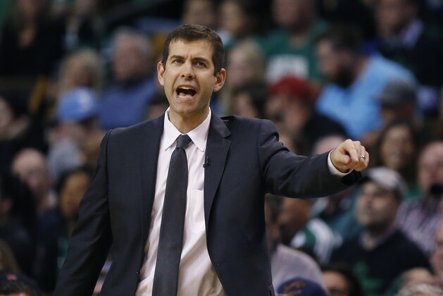 Boston Celtics head coach Brad Stevens instructs his team during the second half of Game 1 of the NBA basketball Eastern Conference Finals against the Cleveland Cavaliers, Sunday, May 13, 2018, in Boston. (AP Photo/Michael Dwyer)