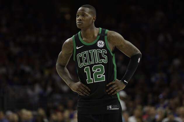 Boston Celtics' Terry Rozier in action during Game 3 of an NBA basketball second-round playoff series against the Philadelphia 76ers, Saturday, May 5, 2018, in Philadelphia. (AP Photo/Matt Slocum)