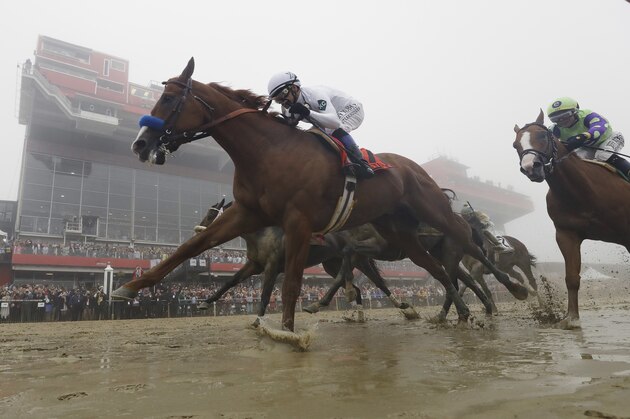 Justify with Mike Smith atop wins the the 143rd Preakness Stakes horse race at Pimlico race course, Saturday, May 19, 2018, in Baltimore. (AP Photo/Patrick Semansky)