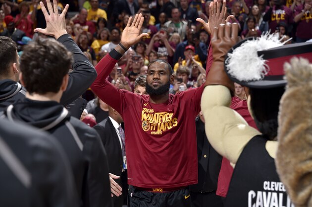 CLEVELAND, OH - MAY 19: LeBron James #23 of the Cleveland Cavaliers is introduced before Game Three of the Eastern Conference Finals against the Boston Celtics during the 2018 NBA Playoffs on May 19, 2018 at Quicken Loans Arena in Cleveland, Ohio. NOTE TO USER: User expressly acknowledges and agrees that, by downloading and/or using this photograph, user is consenting to the terms and conditions of the Getty Images License Agreement. Mandatory Copyright Notice: Copyright 2018 NBAE (Photo by David Liam Kyle/NBAE via Getty Images)