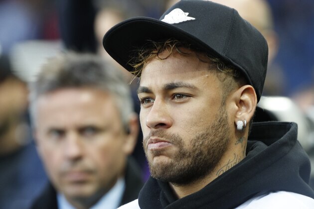 PSG's Neymar arrives prior to the League One soccer match between Paris Saint-Germain and Stade Rennais at the Parc des Princes stadium in Paris, Saturday May 12, 2018. (AP Photo/Christophe Ena)