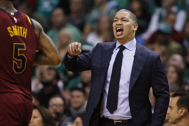 Cleveland Cavaliers head coach Tyronn Lue instructs his players during the second half of Game 1 of the NBA basketball Eastern Conference Finals against the Boston Celtics, Sunday, May 13, 2018, in Boston. (AP Photo/Michael Dwyer)