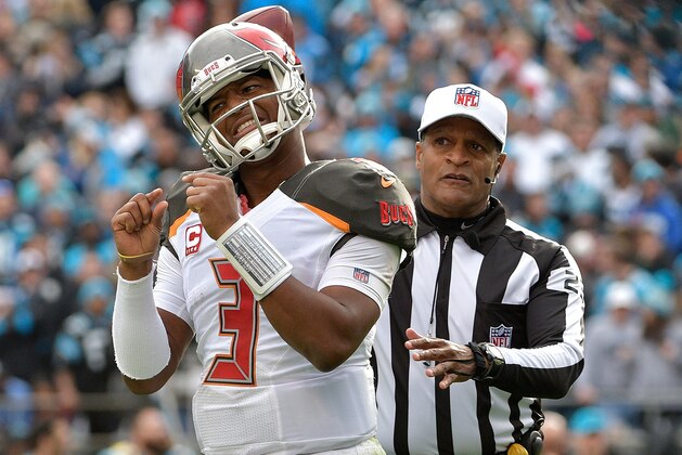 CHARLOTTE, NC - DECEMBER 24:  Jameis Winston #3 of the Tampa Bay Buccaneers reacts after overthrowing a potential touchdown pass during their game against the Carolina Panthers at Bank of America Stadium on December 24, 2017 in Charlotte, North Carolina.  (Photo by Grant Halverson/Getty Images)