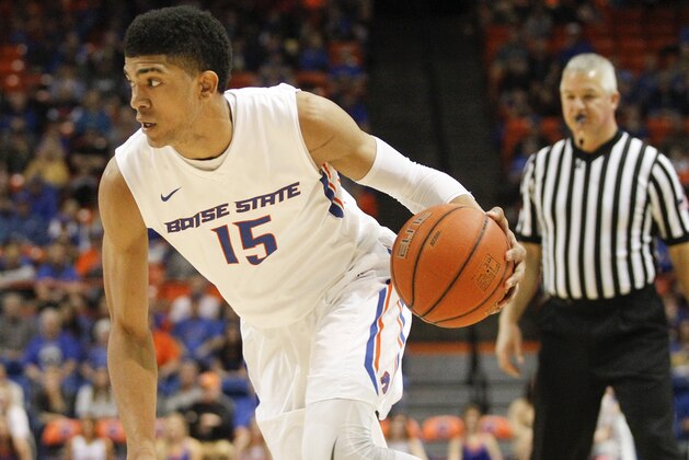 Boise State's Chandler Hutchison (15) moves the ball during the first half of an NCAA college basketball game against Wyoming in Boise, Idaho, Saturday, Feb. 18, 2017. Boise State won 91-87. (AP Photo/Otto Kitsinger)