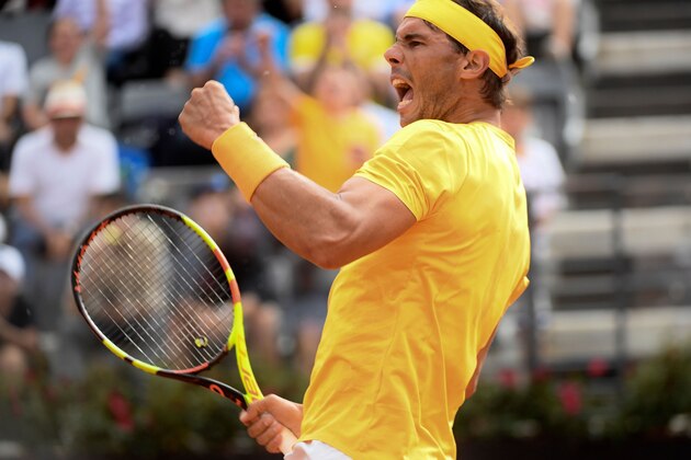 TOPSHOT - Spain's Rafael Nadal reacts during the Men's final against Germany's Alexander Zverev at Rome's ATP Tennis Open tournament at the Foro Italico, on May 20, 2018 in Rome. (Photo by Filippo MONTEFORTE / AFP)        (Photo credit should read FILIPPO MONTEFORTE/AFP/Getty Images)