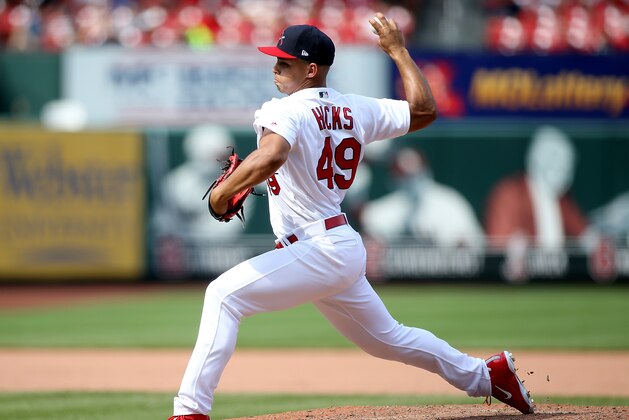 ST. LOUIS, MO - MAY 20: Jordan Hicks #49 of the St. Louis Cardinals pitches during the eighth inning against the Philadelphia Phillies at Busch Stadium on May 20, 2018 in St. Louis, Missouri. (Photo by Scott Kane/Getty Images)