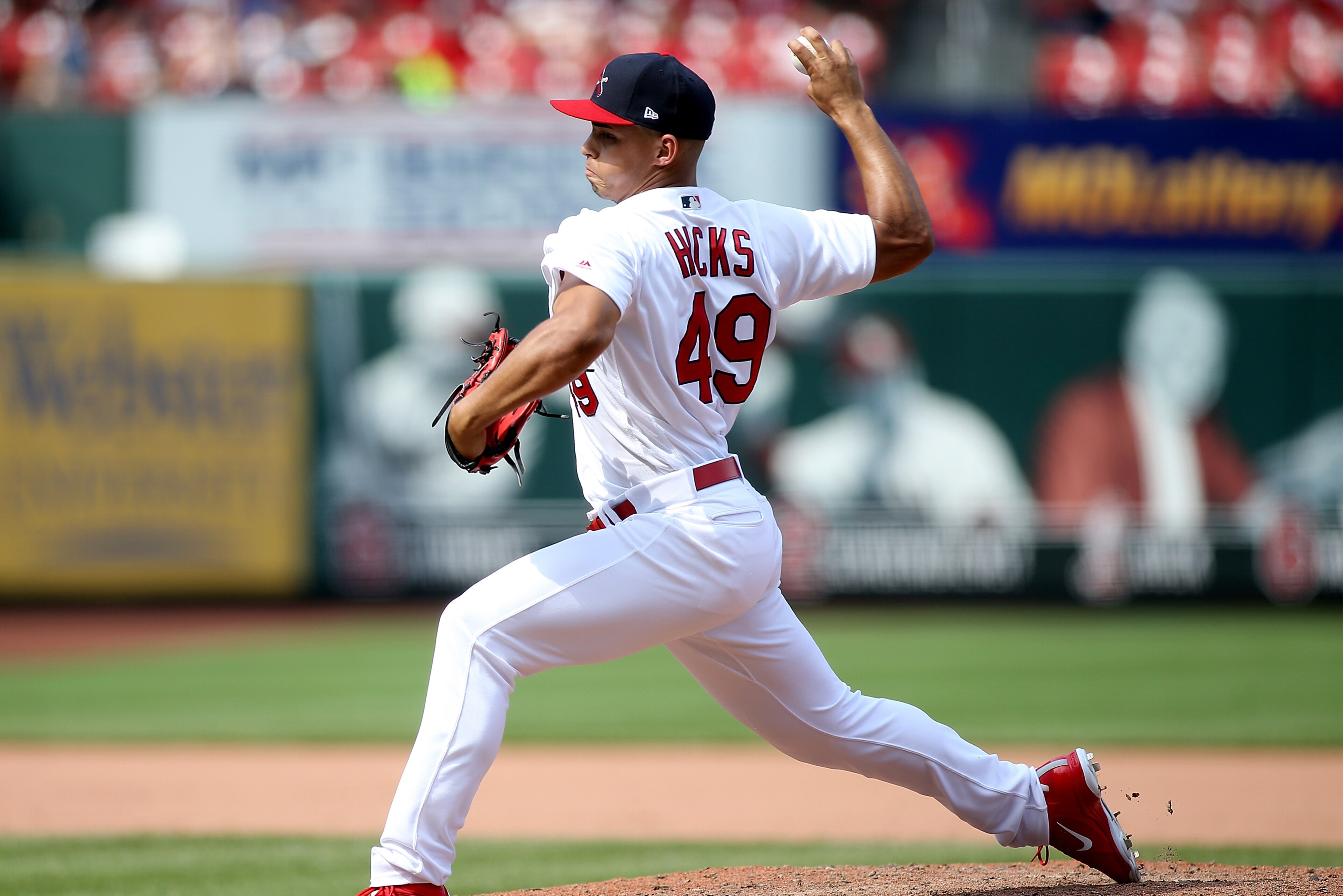 ST. LOUIS, MO - MAY 20: Jordan Hicks #49 of the St. Louis Cardinals pitches during the eighth inning against the Philadelphia Phillies at Busch Stadium on May 20, 2018 in St. Louis, Missouri. (Photo by Scott Kane/Getty Images)