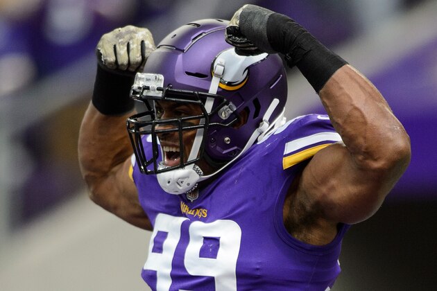 MINNEAPOLIS, MN - NOVEMBER 19: Danielle Hunter #99 and Everson Griffen #97 of the Minnesota Vikings celebrate a sack against the Los Angeles Rams during the game on November 19, 2017 at US Bank Stadium in Minneapolis, Minnesota. (Photo by Hannah Foslien/Getty Images)