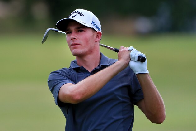 DALLAS, TX - MAY 20:   Aaron Wise plays a shot on the fourth hole during the final round of the AT&T Byron Nelson at Trinity Forest Golf Club on May 20, 2018 in Dallas, Texas.  (Photo by Tom Pennington/Getty Images)