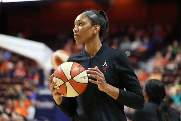UNCASVILLE, CT - MAY 20:  A'ja Wilson #22 of the Las Vegas Aces handles the ball before the game against the Connecticut Sun on May 20, 2018 at the Mohegan Sun Arena in Uncasville, Connecticut. NOTE TO USER: User expressly acknowledges and agrees that, by downloading and/or using this Photograph, user is consenting to the terms and conditions of the Getty Images License Agreement. Mandatory Copyright Notice: Copyright 2018 NBAE (Photo by Chris Marion/NBAE via Getty Images)