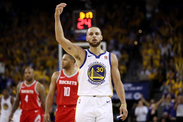 OAKLAND, CA - MAY 20:  Stephen Curry #30 of the Golden State Warriors reacts after a play against the Houston Rockets during Game Three of the Western Conference Finals of the 2018 NBA Playoffs at ORACLE Arena on May 20, 2018 in Oakland, California. NOTE TO USER: User expressly acknowledges and agrees that, by downloading and or using this photograph, User is consenting to the terms and conditions of the Getty Images License Agreement.  (Photo by Ezra Shaw/Getty Images)