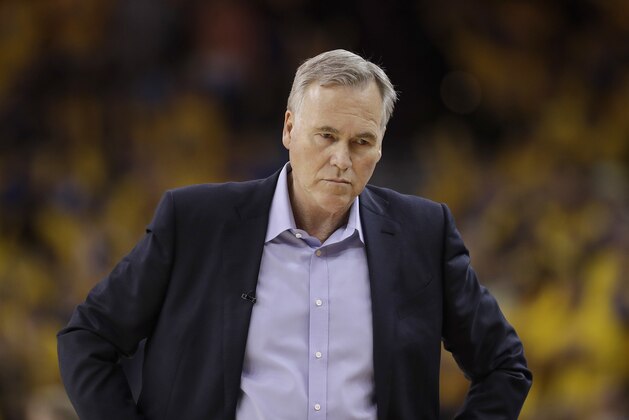 Houston Rockets head coach Mike D'Antoni walks during the second half of Game 3 of the NBA basketball Western Conference Finals against the Golden State Warriors in Oakland, Calif., Sunday, May 20, 2018. (AP Photo/Marcio Jose Sanchez)