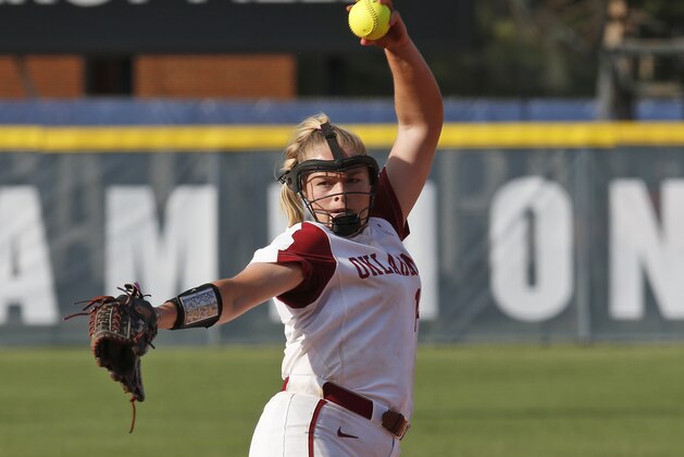 Oklahoma's Paige Lowry pitches in the seventh inning against Baylor during the championship game of the Big 12 softball tournament in Oklahoma City, Saturday, May 12, 2018. (AP Photo/Sue Ogrocki)
