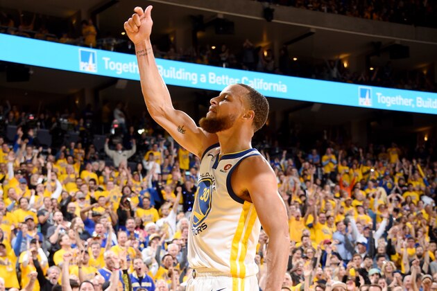 OAKLAND, CA - MAY 20: Stephen Curry #30 of the Golden State Warriors reacts during the game against the Houston Rockets during Game Three of the Western Conference Finals during the 2018 NBA Playoffs on May 20, 2018 at ORACLE Arena in Oakland, California. NOTE TO USER: User expressly acknowledges and agrees that, by downloading and/or using this Photograph, user is consenting to the terms and conditions of the Getty Images License Agreement. Mandatory Copyright Notice: Copyright 2018 NBAE (Photo by Andrew D. Bernstein/NBAE via Getty Images)