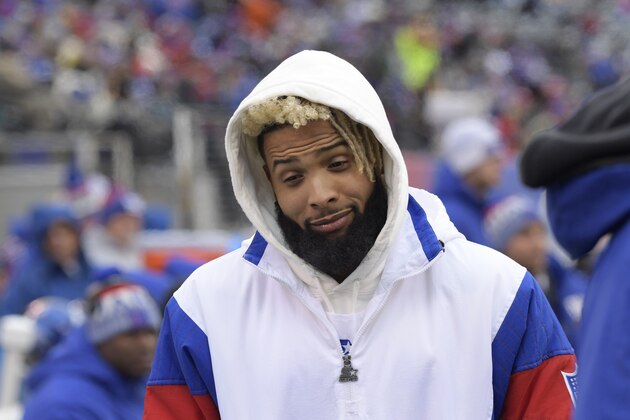 New York Giants wide receiver Odell Beckham (13) watches his team play during the first half of an NFL football game against the Washington Redskins Sunday, Dec. 31, 2017, in East Rutherford, N.J. (AP Photo/Bill Kostroun)