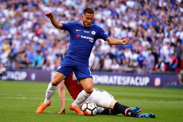 LONDON, ENGLAND - MAY 19:  Eden Hazard of Chelsea is fouled by Phil Jones of Manchester United in the penalty area during the Emirates FA Cup Final between Chelsea and Manchester United at Wembley Stadium on May 19, 2018 in London, England.  (Photo by Chris Brunskill Ltd/Getty Images)