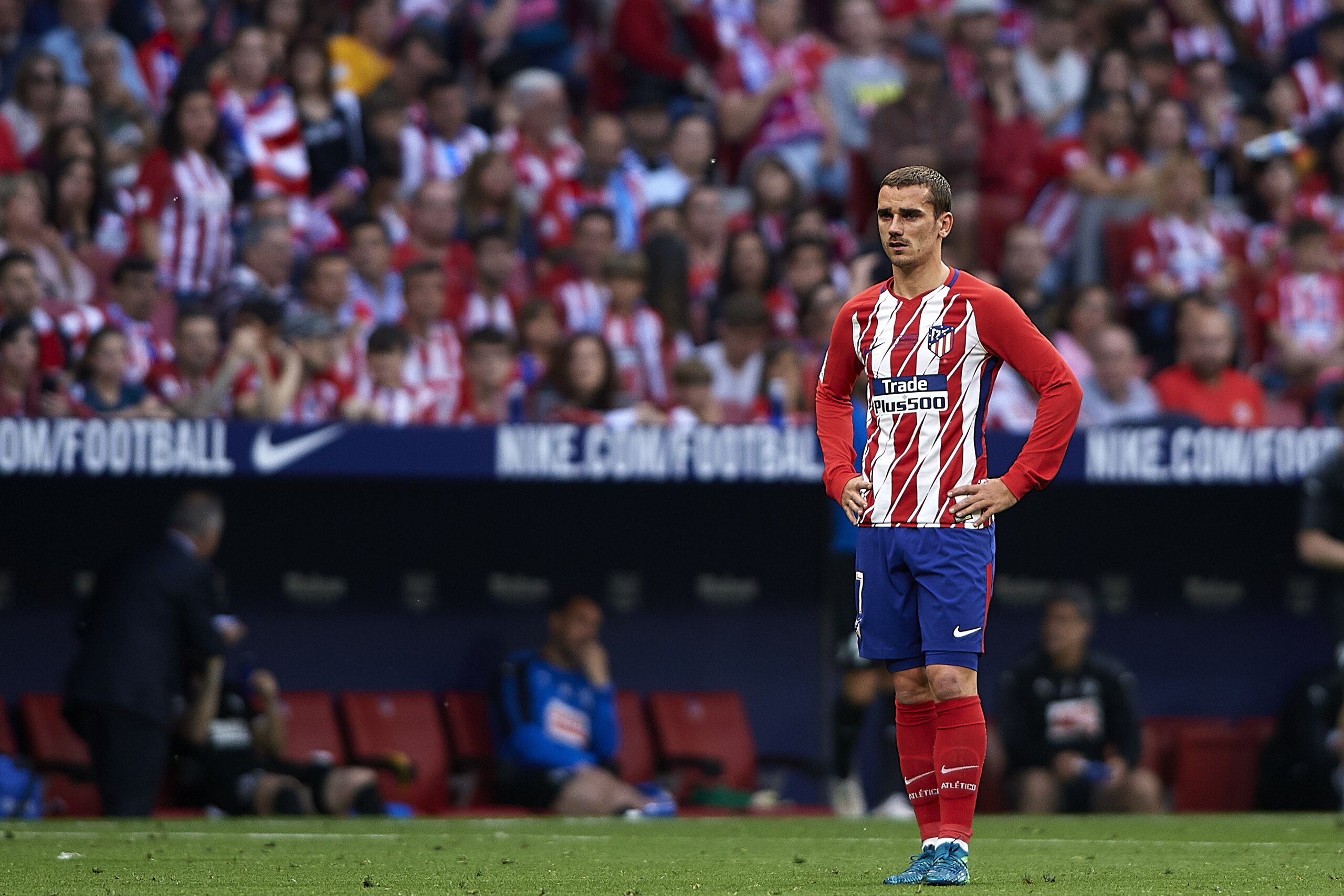MADRID, SPAIN - MAY 20:  Antoine Griezmann of Atletico de Madrid looks on during the La Liga match between Atletico Madrid and Eibar at Wanda Metropolitano on May 20, 2018 in Madrid, Spain.  (Photo by Quality Sport Images/Getty Images)