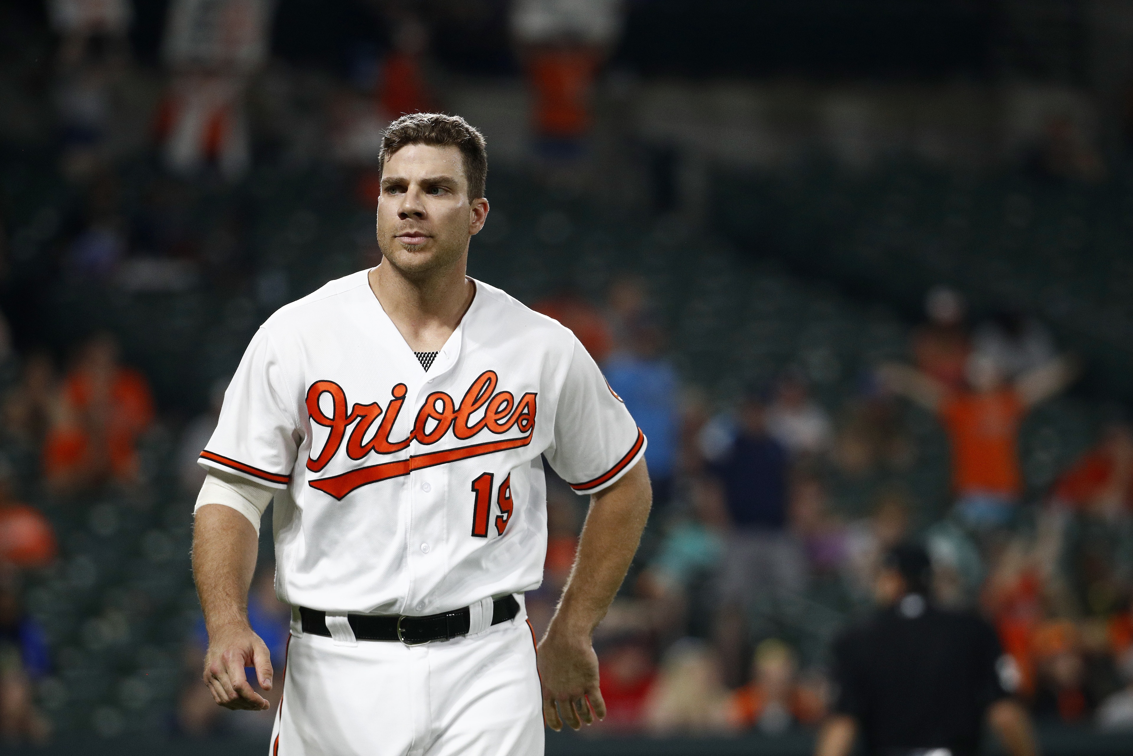 Baltimore Orioles' Chris Davis walks off the field after an at-bat during the second baseball game of a doubleheader against the Tampa Bay Rays, Saturday, May 12, 2018, in Baltimore. (AP Photo/Patrick Semansky)