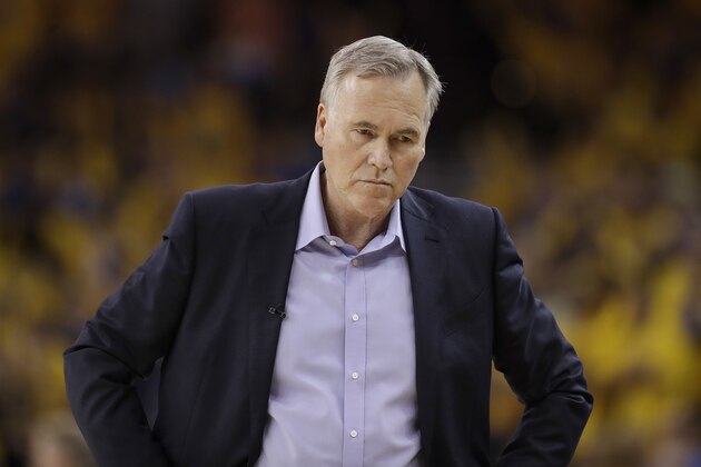 Houston Rockets head coach Mike D'Antoni walks during the second half of Game 3 of the NBA basketball Western Conference Finals against the Golden State Warriors in Oakland, Calif., Sunday, May 20, 2018. (AP Photo/Marcio Jose Sanchez)