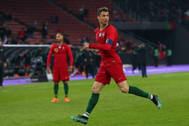 ZURICH, SWITZERLAND - MARCH 23: Cristiano Ronaldo of Portugal reacts after his second goal goes to a VAR decision during the International Friendly match between Portugal and Egypt at Stadion Letzigrund on March 23, 2018 in Zurich, Switzerland. (Photo by Robbie Jay Barratt - AMA/Getty Images)