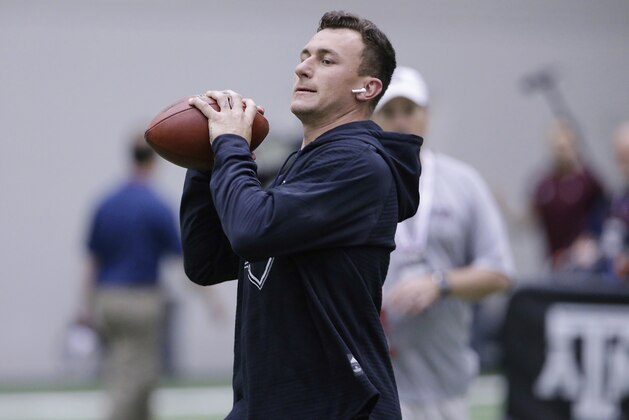Former Cleveland Browns quarterback Johnny Manziel during drills at his alma mater during Texas A&M's football Pro Day in College Station, Texas, Tuesday, March 27, 2018. (AP Photo/Michael Wyke)